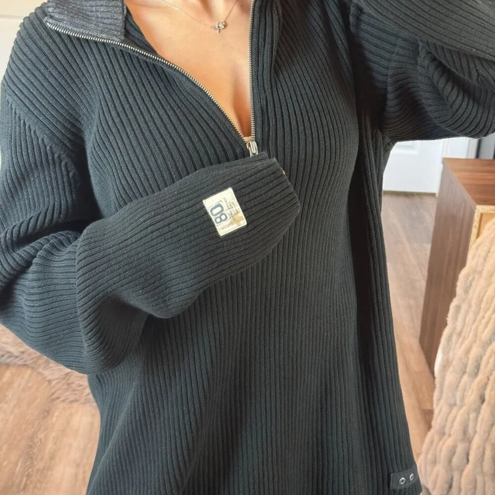 Y2K Grunge Converse Ribbed Quarter Zip Sweater Knit Black Pullover Punk Skater